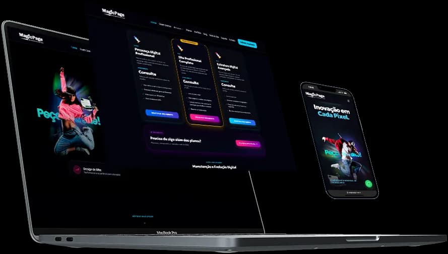 MacBook com projetos MagicPage e mockups responsivos — criação de sites profissionais