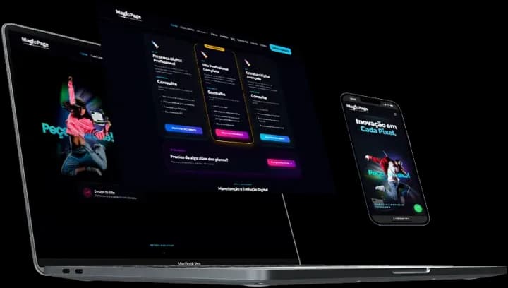 MacBook com projetos MagicPage e mockups responsivos — criação de sites profissionais