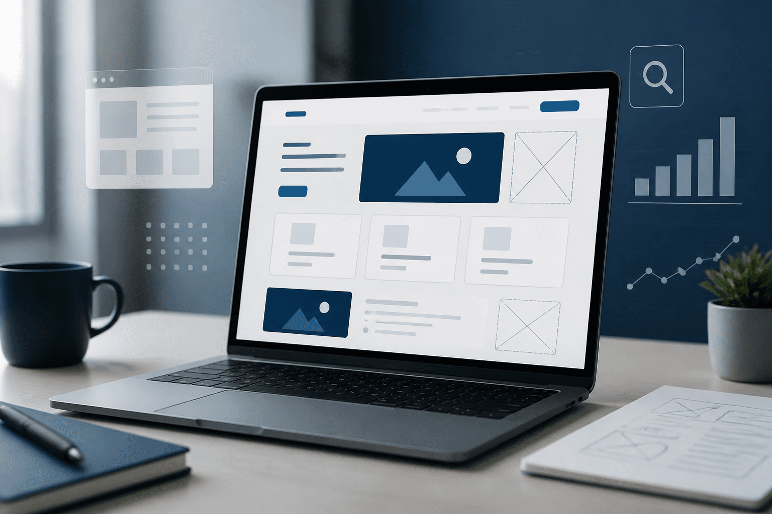 Notebook com layout de site em ambiente corporativo clean — criação de sites e projetos digitais