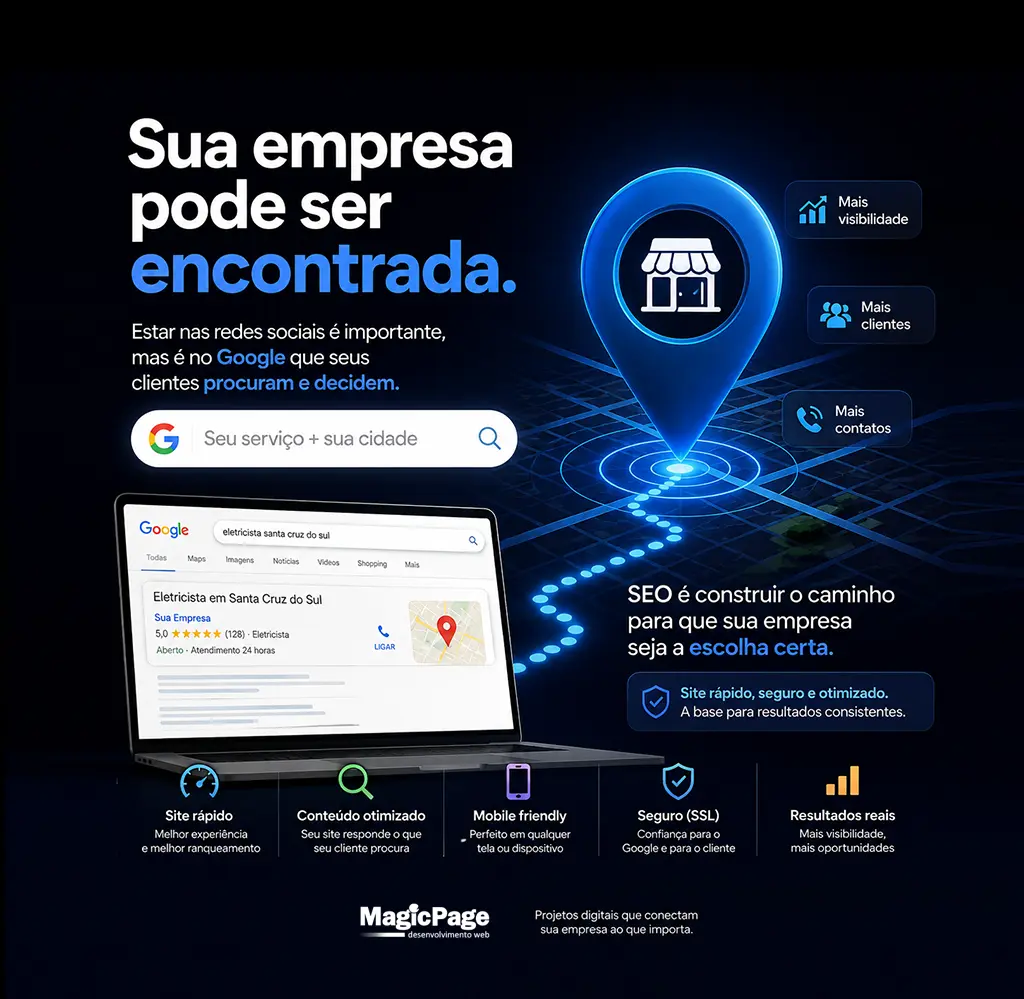 Otimização SEO MagicPage: empresa preparando o site para aparecer no Google antes de investir em anúncios Otimização SEO MagicPage: empresa preparando o site para aparecer no Google antes de investir em anúncios