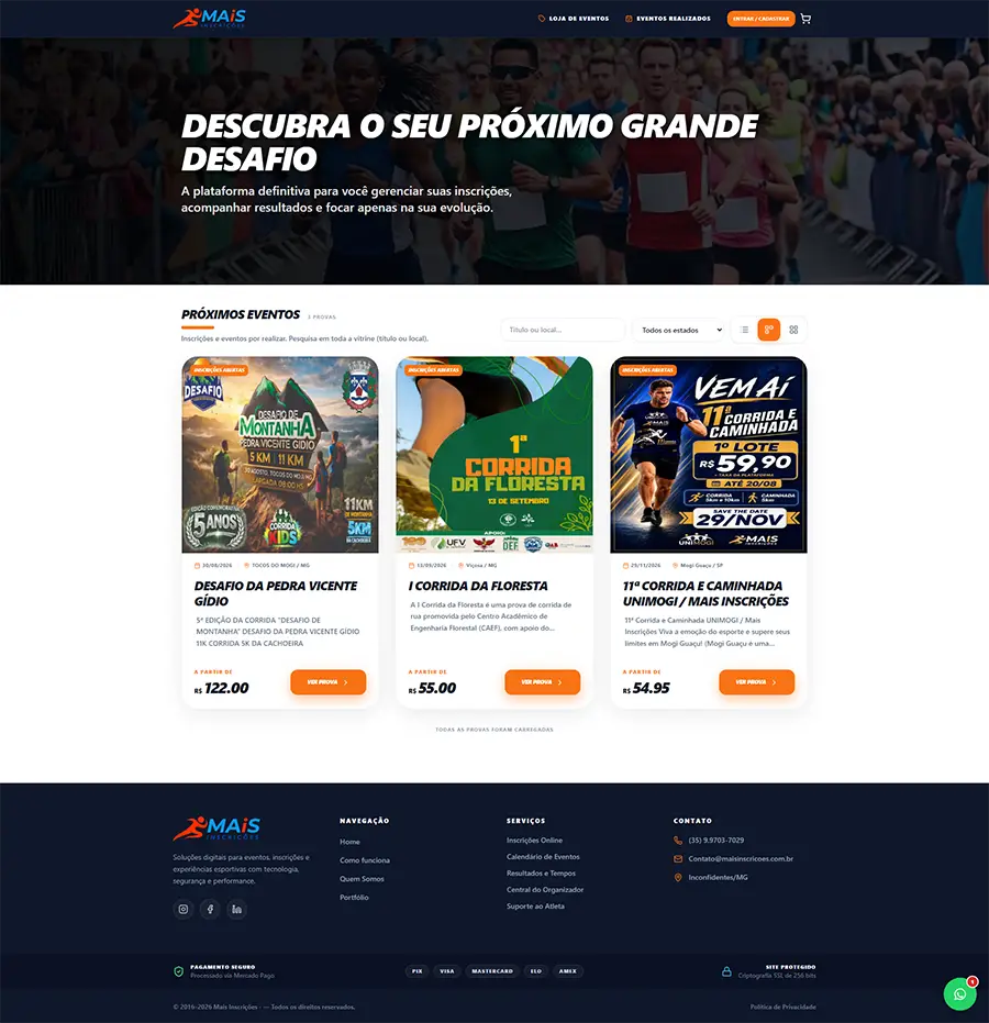 Homepage da plataforma Mais Inscrições com vitrine de eventos esportivos — projeto MagicPage Homepage da plataforma Mais Inscrições com vitrine de eventos esportivos — projeto MagicPage