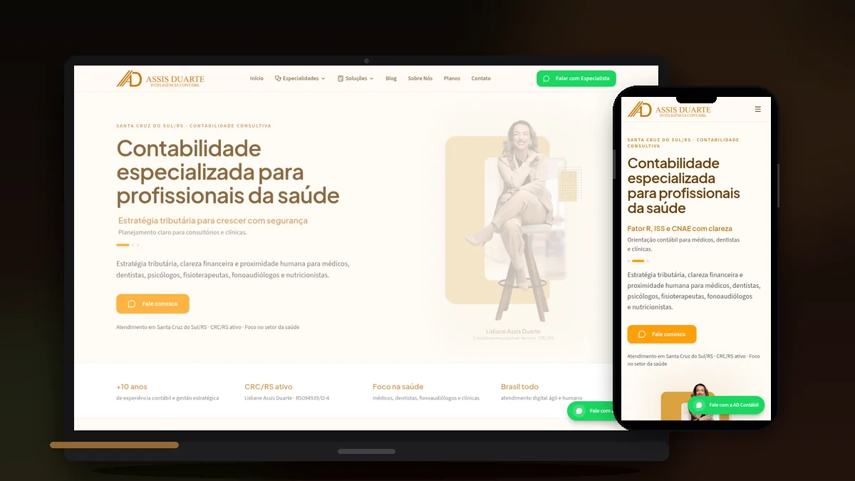 Mockup do redesign do site AD Contábil em notebook e celular — projeto MagicPage Mockup do redesign do site AD Contábil em notebook e celular — projeto MagicPage