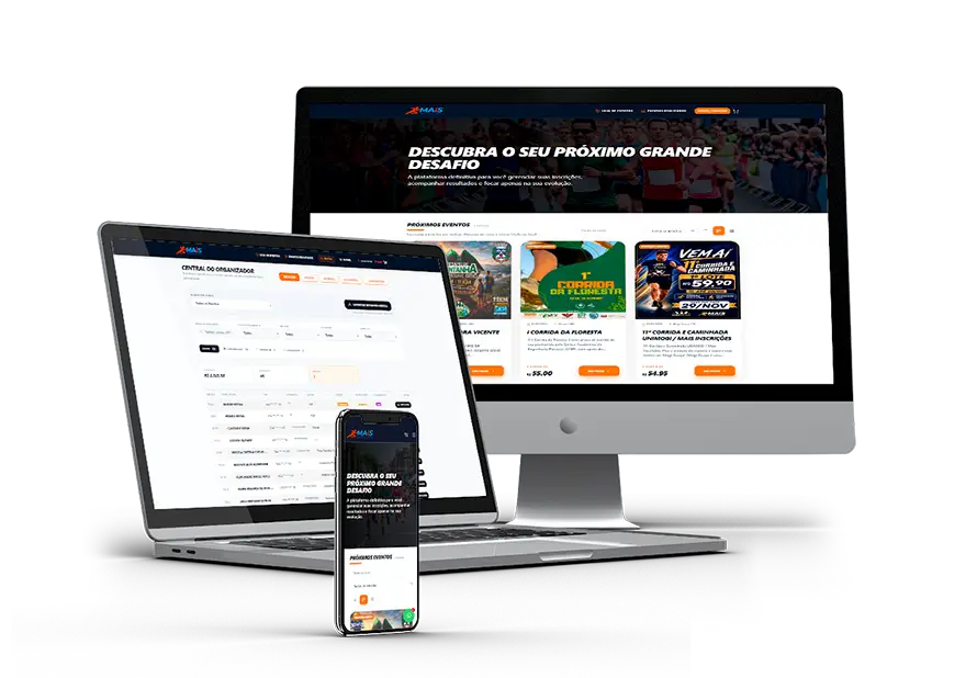 Mockup responsivo da Mais Inscrições em monitor, notebook e celular — MagicPage