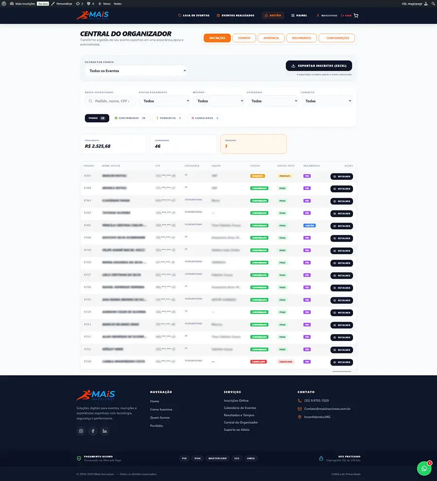 Central do organizador da Mais Inscrições com inscritos, pagamentos e exportação — MagicPage