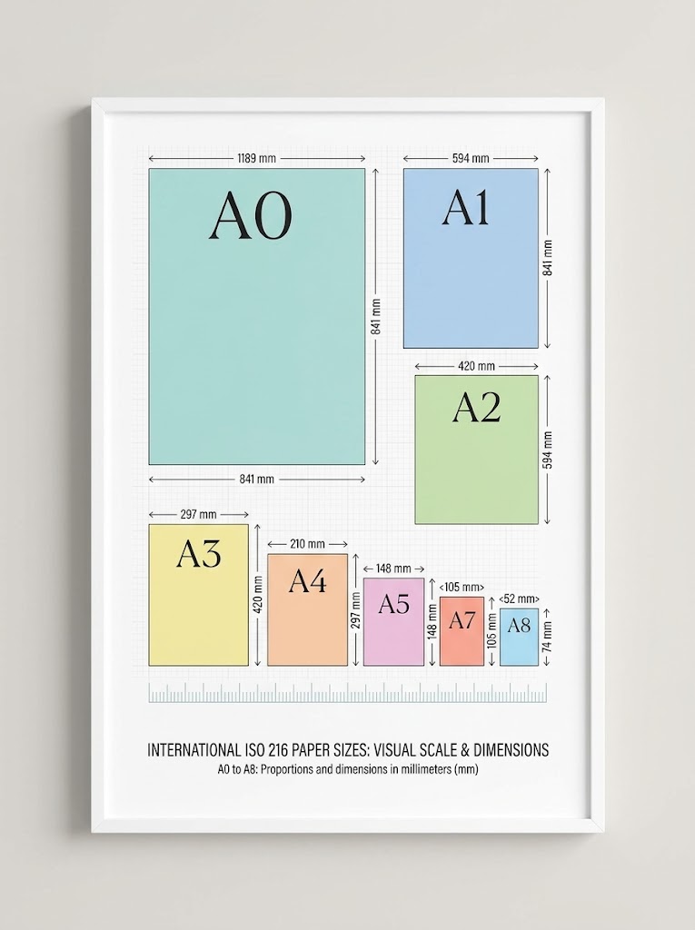 Tabela ilustrada com formatos de papel A0 a A10 e dimensões para impressão profissional